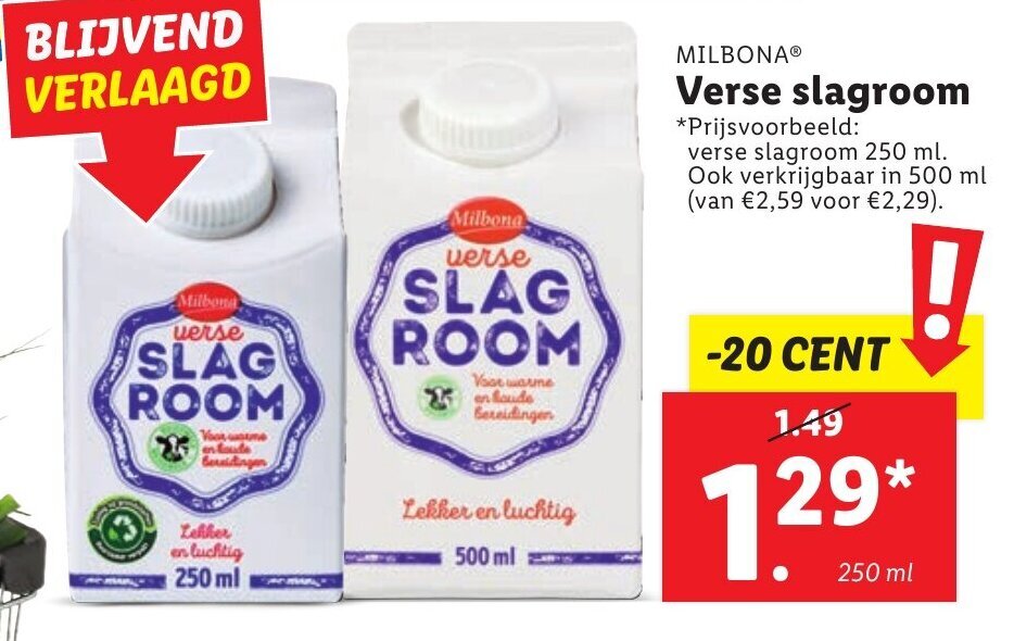 Verse slagroom 250ml aanbieding bij Lidl
