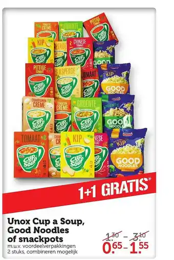 Coop Unox Cup A Soup, Good Noodles Of Snackpots 1+1 Gratis aanbieding