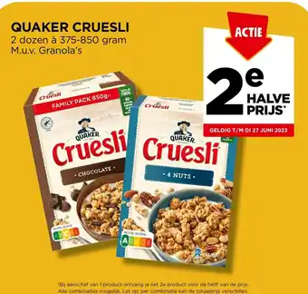 Jumbo QUAKER CRUESLI 2 dozen à 375-850 gram aanbieding