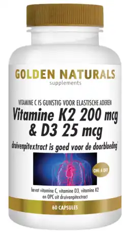 De Online Drogist Golden naturals vitamine k2 200mcg & d3 25mcg capsules 60vcp aanbieding