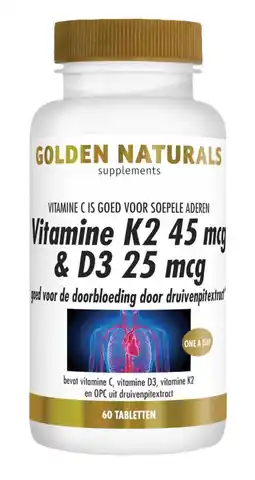 De Online Drogist Golden naturals vitamine k2 45mcg & d3 25mcg tabletten 60vtb aanbieding