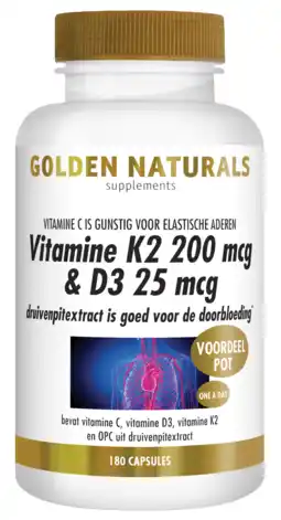 De Online Drogist Golden naturals vitamine k2 200mcg & d3 25mcg capsules 180vcp aanbieding