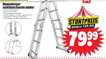 Dirk Mannsberger multifunctionele ladder Max. belastbaar tot 150 kilo Lengte uitgeklapt 3.6 meter, ingeklapt 91 cm aanbieding