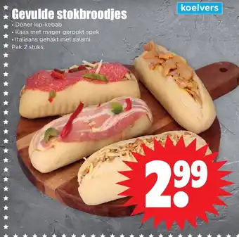 Dirk Gevulde stokbroodjes Döner kip-kebab Kaas met mager gerookt spek Italiaans gehakt met salami Pak 2 stuks. aanbieding