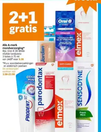 Albert Heijn Alle A-merk mondverzorging* Bijv. Oral-B 3D White vitalize tandpasta 3 tubes à 75 ml aanbieding