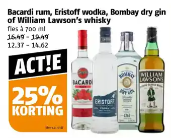 Poiesz Bacardi rum, Eristoff wodka, Bombay dry gin of William Lawson's whisky fles à 700 ml aanbieding