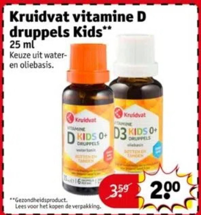 Kruidvat vitamine D druppels Kids** 25 ml aanbieding bij Kruidvat