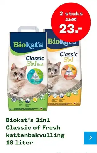 Welkoop Biokat's 3in1 Classic of Fresh kattenbakvulling 18 liter 2st aanbieding