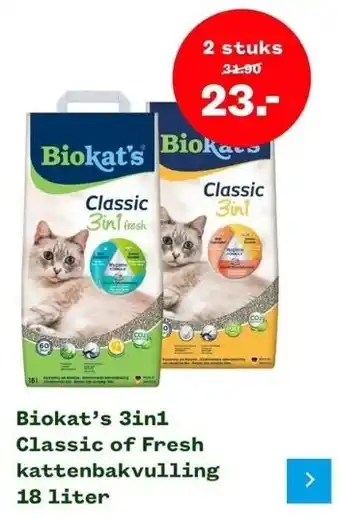 Welkoop Biokat's 3in1 classic of fresh kattenbakvulling 18 liter aanbieding