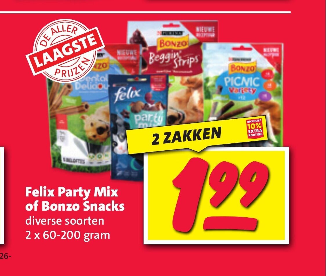 Felix Party Mix of Bonzo Snacks diverse soorten 2 x 60200 gram