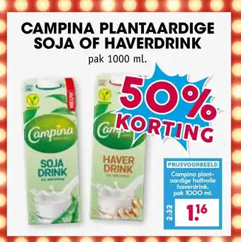 Boon`s Markt Campina plantaardige soja of haverdrink aanbieding