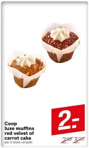 Coop Coop luxe muffins red velvet of carrot cake per 2 stuks verpakt aanbieding
