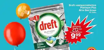 Trekpleister Dreft vaatwastabletten Platinum Plus All in One Groen aanbieding