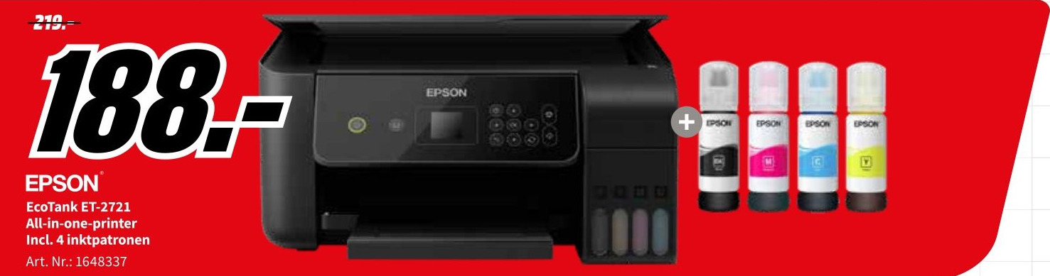 Epson Ecotank Et-2721 All-In-One-Printer Incl. 4 Inktpatronen aanbieding  bij MediaMarkt