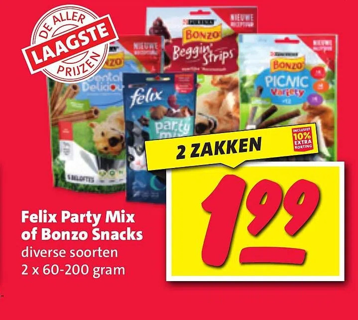 Felix party mix of bonzo snacks aanbieding bij Nettorama