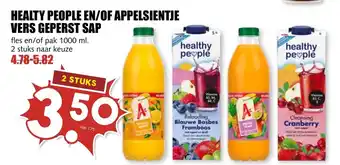 De Boerenschuur HEALTY PEOPLE EN/OF APPELSIENTJE VERS GEPERST SAP fles en/of pak 1000 ml. 2 stuks naar keuze aanbieding