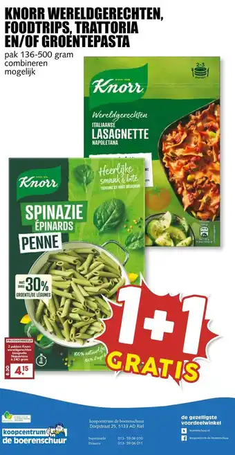 De Boerenschuur KNORR WERELDGERECHTEN. FOODTRIPS, TRATTORIA EN/OF GROENTEPASTA pak 136-500 gram combineren mogelijk aanbieding