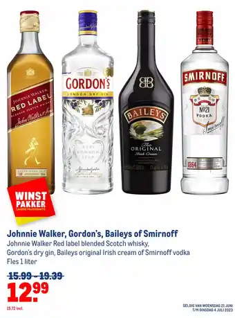 Makro Johnnie Walker, Gordon's, Baileys of Smirnoff aanbieding