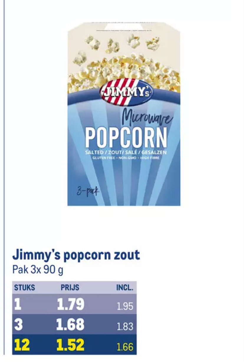 Jimmy's popcorn zout Pak 3x 90 g aanbieding bij Makro