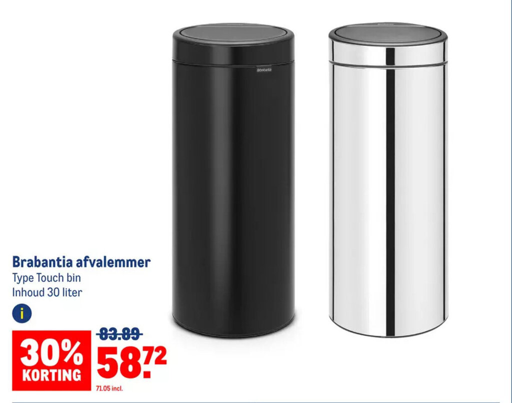 Brabantia afvalemmer 30 liter aanbieding bij Makro