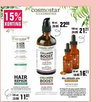 De Online Drogist Cosmostar ecocosmetics hair reair, collagen boost of bio argan olie aanbieding