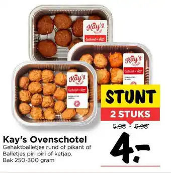 Vomar Voordeelmarkt Kay's ovenschotel gehaktballetjes rund or pikant of balletjes piri piri of ketjap aanbieding