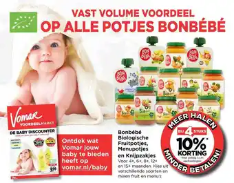 Vomar Voordeelmarkt Bonbébé biologische fruitpotjes, menupotjes en knijpzakjes aanbieding