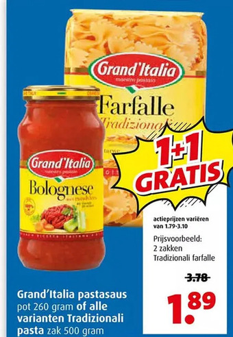 Boni Grand'italia pastasaus of alle varianten tradizionali pasta zak 500 gram aanbieding