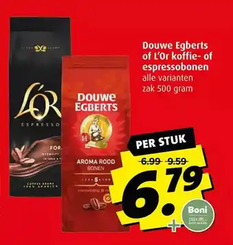 Boni Douwe egberts of l'or koffie- of espressobonen aanbieding