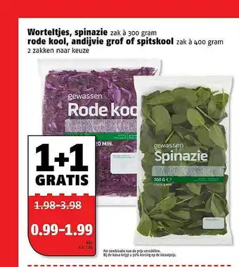 Poiesz Worteltjes, Spinazie, Rode Kool, Andijvie Grof Of Spitskool 1+1 Gratis aanbieding