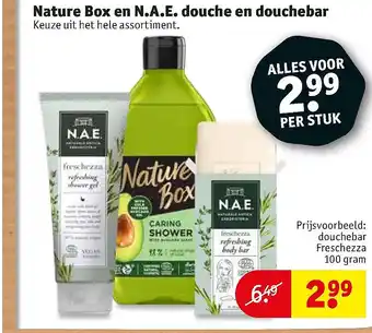 Kruidvat Nature Box en N.A.E. douche en douchebar 100 gram aanbieding