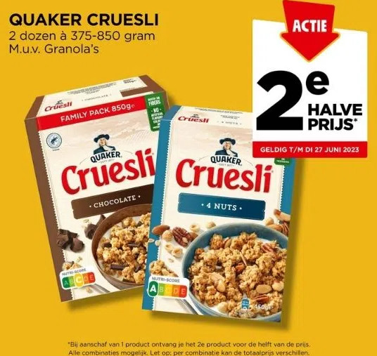 Quaker cruesli 2 dozen à 375850 gram m.u.v. granola's aanbieding bij Jumbo