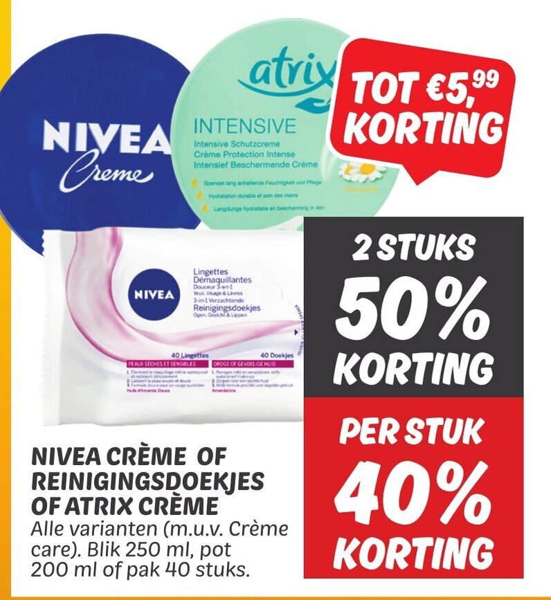 NIVEA CRÈME OF REINIGINGSDOEKJES OF ATRIX CRÈME Alle varianten (m.u.v
