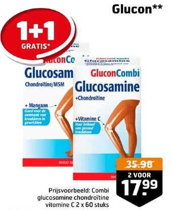 Trekpleister Glucon* Prijsvoorbeeld: Combi glucosamine chondroïtine vitamine C 2 x 60 stuks aanbieding