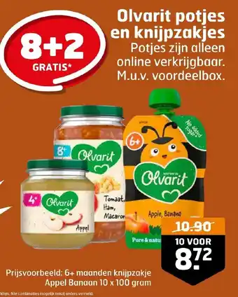 Trekpleister Olvarit potjes en knijpzakjes Prijsvoorbeeld: 6+ maanden knijpzakje Appel Banaan 10 x 100 gram aanbieding