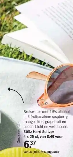Albert Heijn Bruiswater met 4.5% alcohol in 5 fruitsmaken: raspberry, mango, lime, grapefruit en peach. licht en verfrissend. stělz hard s aanbieding