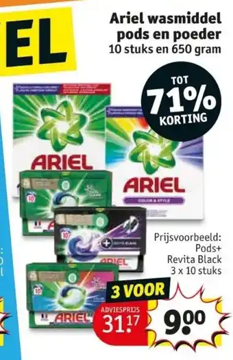 Kruidvat Ariel wasmiddel pods en poeder 10 stuks en 650 gram aanbieding