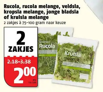 Poiesz Rucola, rucola melange, veldsla, kropsla melange, jonge bladsla of krulsla melange 75-100 gram aanbieding