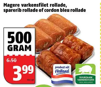 Poiesz Magere varkensfilet rollade, sparerib rollade of cordon bleu rollade 500 gram aanbieding