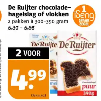 Poiesz De Ruijter chocolade- hagelslag of vlokken 2 pakken à 300-390 gram aanbieding