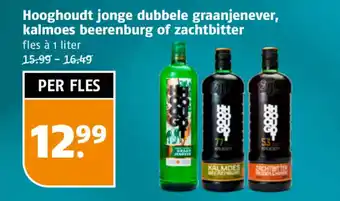 Poiesz Hooghoudt jonge dubbele graanjenever, kalmoes beerenburg of zachtbitter fles à 1 liter aanbieding