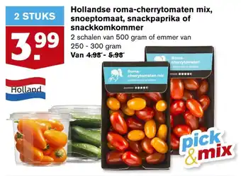 Hoogvliet Hollandse roma-cherrytomaten mix, snoeptomaat, snackpaprika of snackkomkommer 250-300g aanbieding