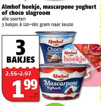 Poiesz Almhof hoekje, mascarpone yoghurt of choco slagroom 120/180 gram aanbieding