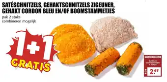 MCD Supermarkt Satéschnitzels, gehaktschnitzels zigeuner. gehakt cordon bleu en/of boomstammetjes aanbieding