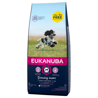 Zooplus 15+3kg gratis! 18kg growing puppy medium breed eukanuba hondenvoer aanbieding