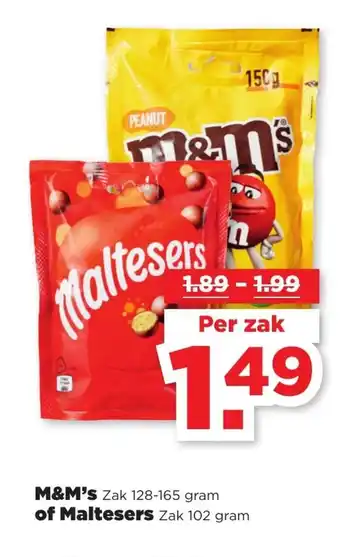 PLUS M&M's Zak 128-165 gram of Maltesers Zak 102 gram aanbieding