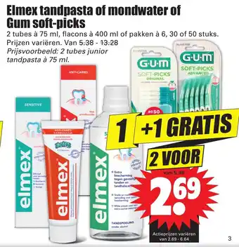 Dirk Elmex tandpasta of mondwater of Gum soft-picks 2 stortiment aanbieding