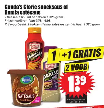 Dirk Gouda's Glorie snacksaus of Remia satesaus 2 st aanbieding