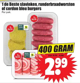 Dirk 1de Beste slavinken, runderbraadworsten of cordon bleu burgers 400 gr aanbieding