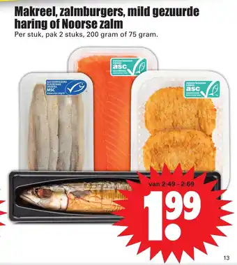 Dirk Makreel, zalmburgers, mild gezuurde haring of Noorse zalm 75-200 gr aanbieding